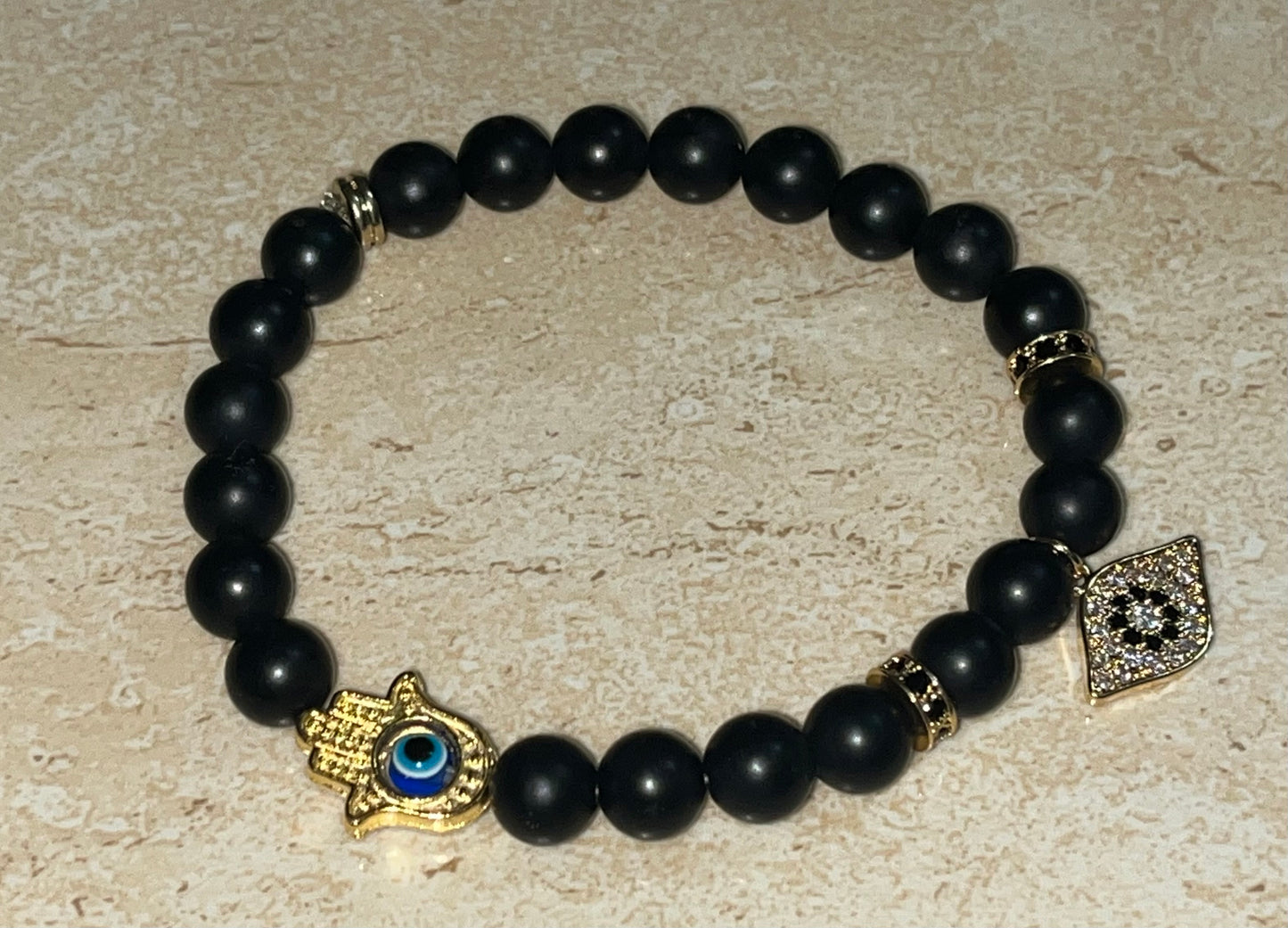 Evil Eye / Hand of Hamsa Bracelet in Black Beads with Hand of Hamsa Charm 🪬 24Kt Gold Plated