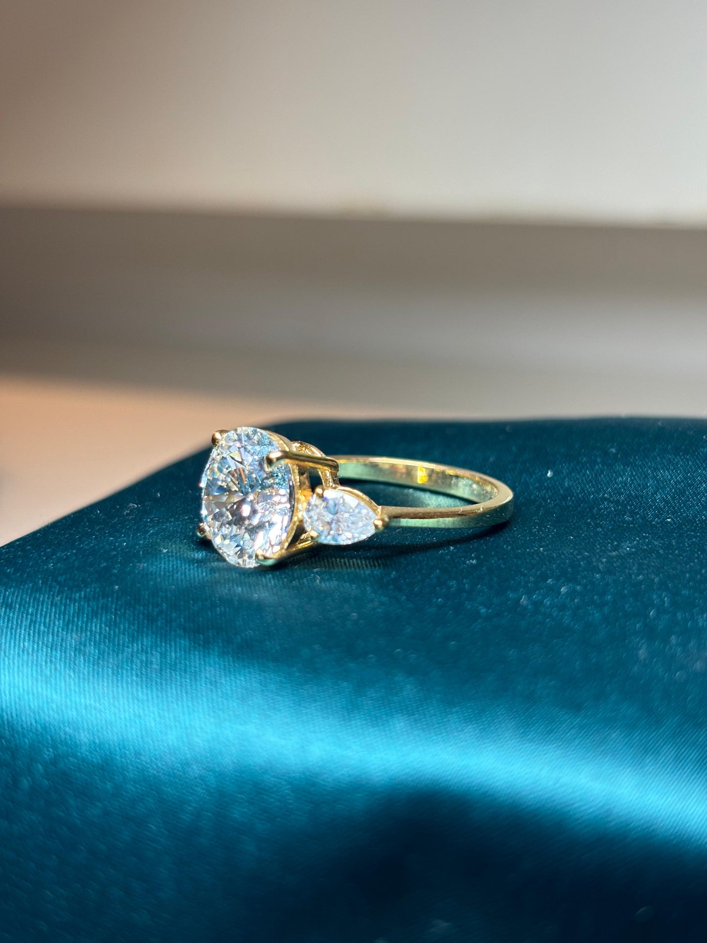 5 Carat Lab Grown Diamond with 50 Cent Each Pear on Sides on 18Kt Hallmarked Gold