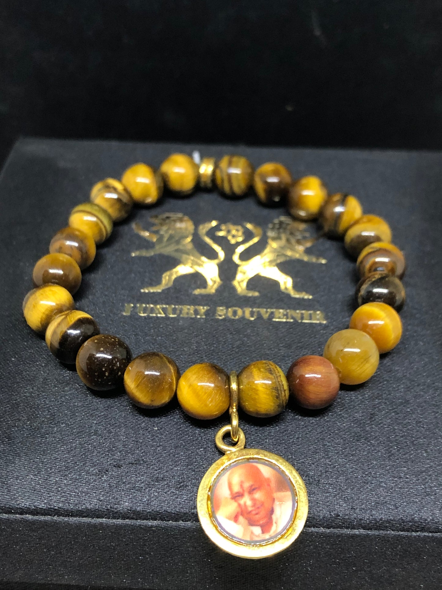Guru Ji Bracelet in tiger stone beads 24Kt Gold Plated Jai Guru Ji