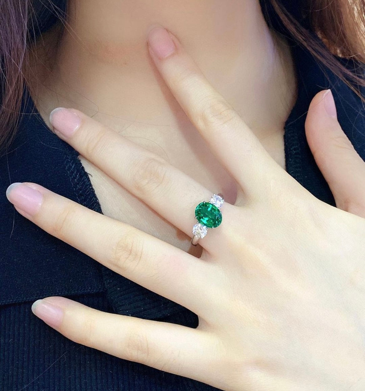 3 Carat Coloured Lab Grown Emerald with two 70 Cent Round Lab Grown Diamonds on Sides on 14Kt Hallmarked Gold