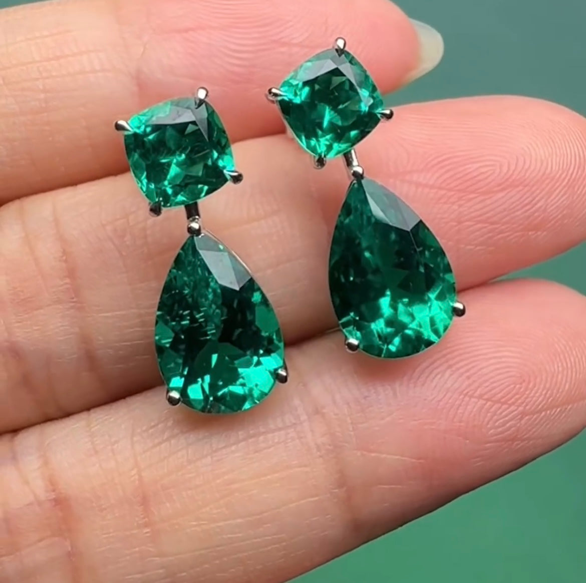 EMERALD Tear Drop Doublet Earings in LAB GROWN & 14Kt White Gold Base. 3 Carat Top Emerald 6 Carat Below