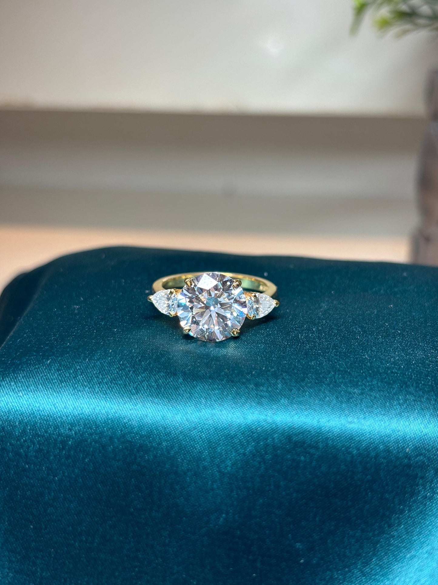 5 Carat Lab Grown Diamond with 50 Cent Each Pear on Sides on 18Kt Hallmarked Gold