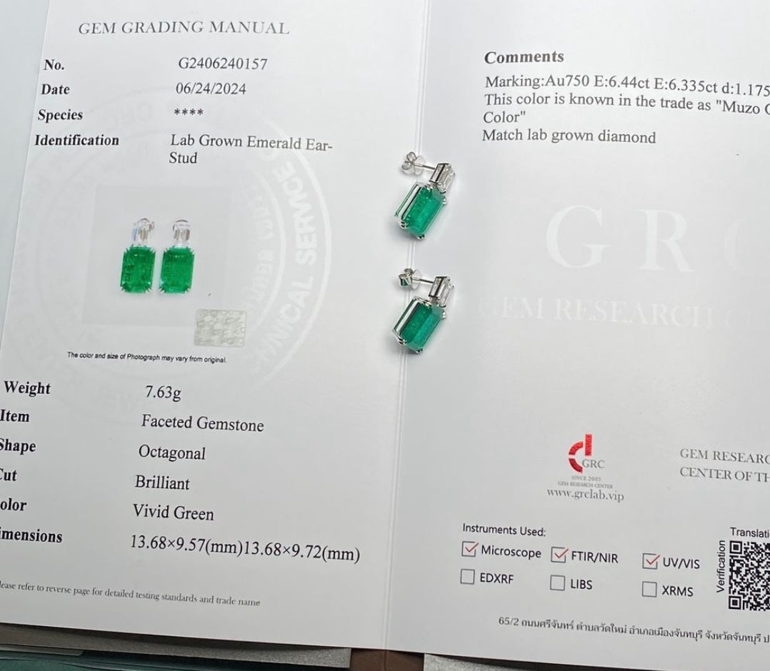 Emerald Diamond Earings - 1-1 Carat Emerald Lab Grown Diamond & 3-3 Carat Emerald Coloured Stone on 14Kt Gold Base