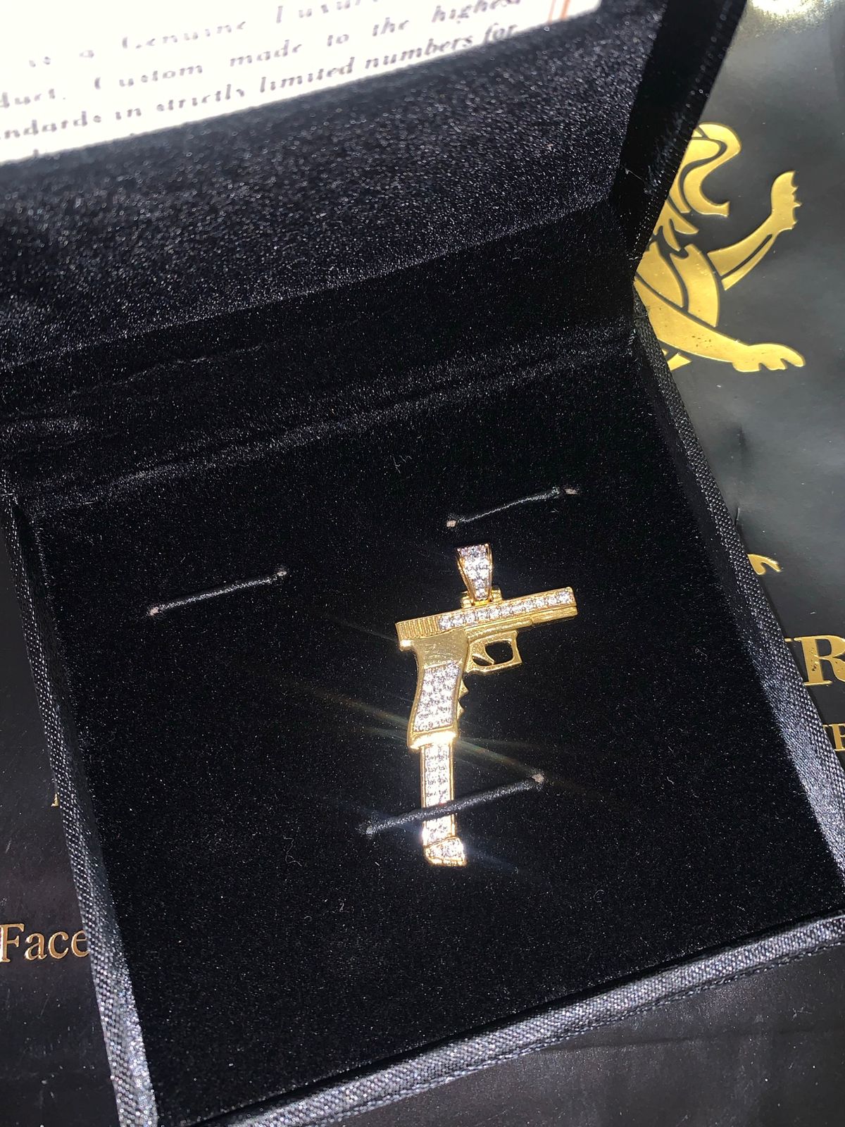 Pistol Pendant DRIP Pure Silver 92.5 GOLD PLATED Silver CZ Diamond