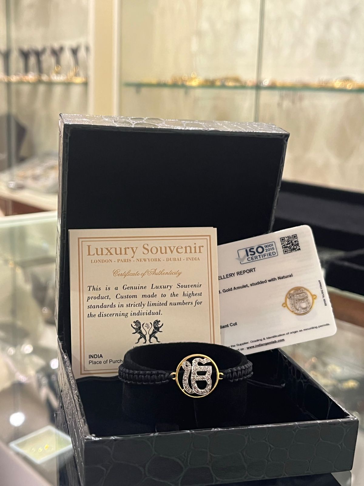 Ekonkar 18Kt Hallmarked Gold Natural Certified Diamonds on Black Adjustable Thread