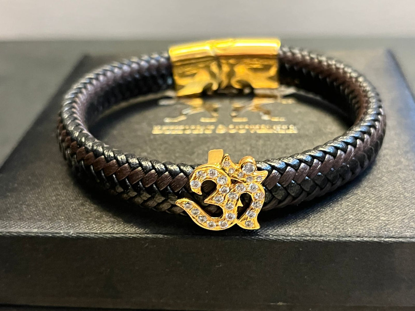 OM PURE SILVER 24Kt Gold Plated CZ DIAMOND ON BLACKBROWN German Cord