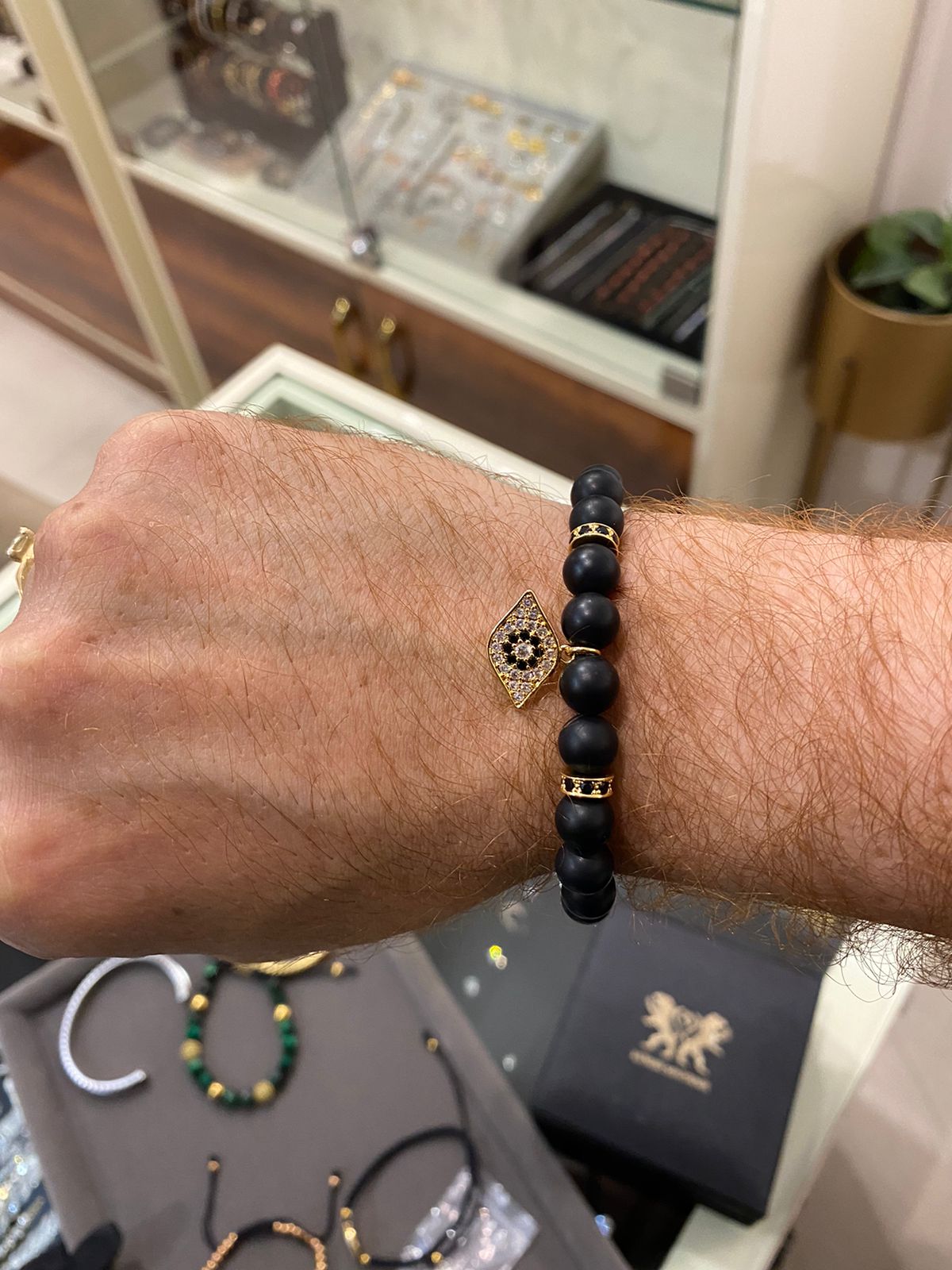 Evil Eye Black Matte Beads 24Kt Gold Plated MEN EVIL EYE BRACELET