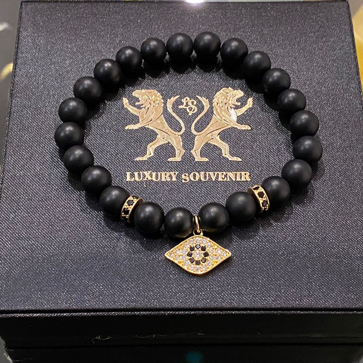 Evil Eye Black Matte Beads 24Kt Gold Plated MEN EVIL EYE BRACELET