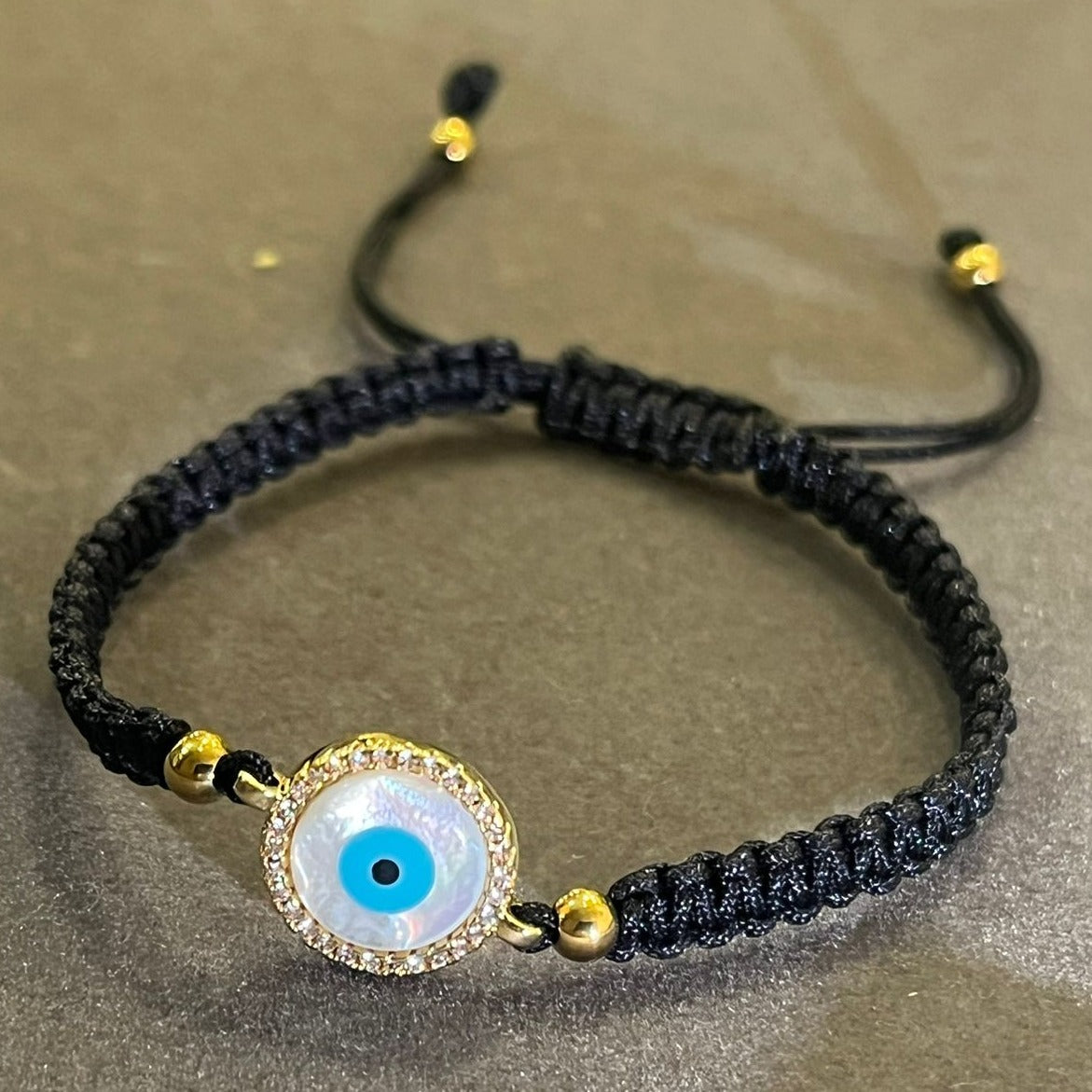 Evil Eye on Black Size Adjustable Thread CZ Diamonds UNISEX
