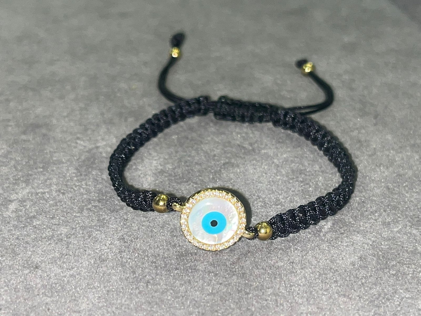 Evil Eye on Black Size Adjustable Thread CZ Diamonds UNISEX