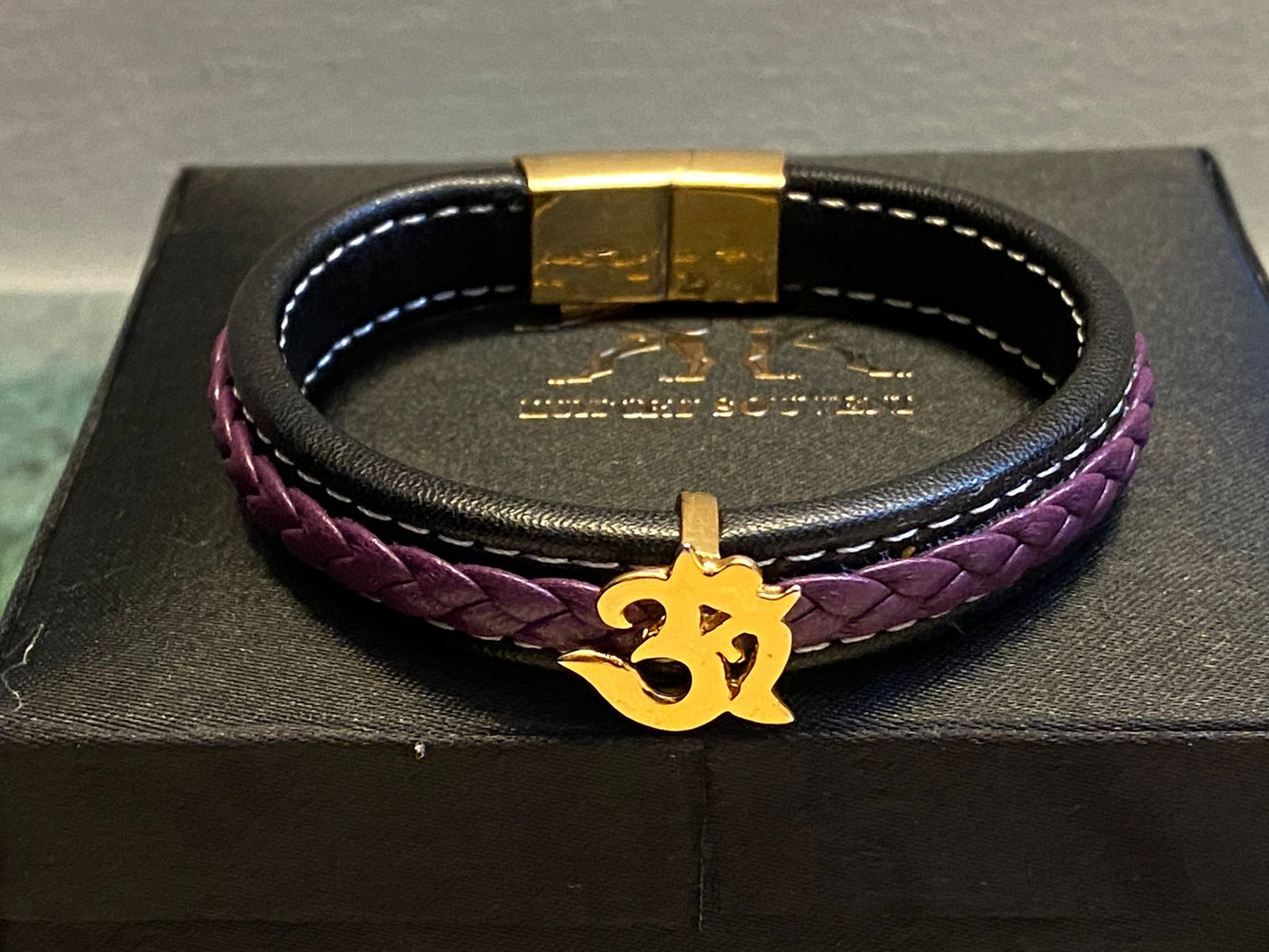 OM PURE SILVER 24Kt Gold Plated ON PURPLE BLACK GERMAN CORD