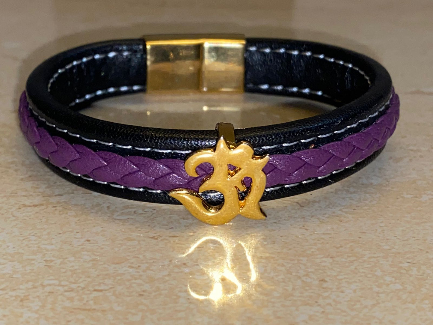 OM PURE SILVER 24Kt Gold Plated ON PURPLE BLACK GERMAN CORD
