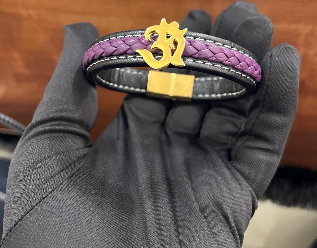 OM PURE SILVER 24Kt Gold Plated ON PURPLE BLACK GERMAN CORD