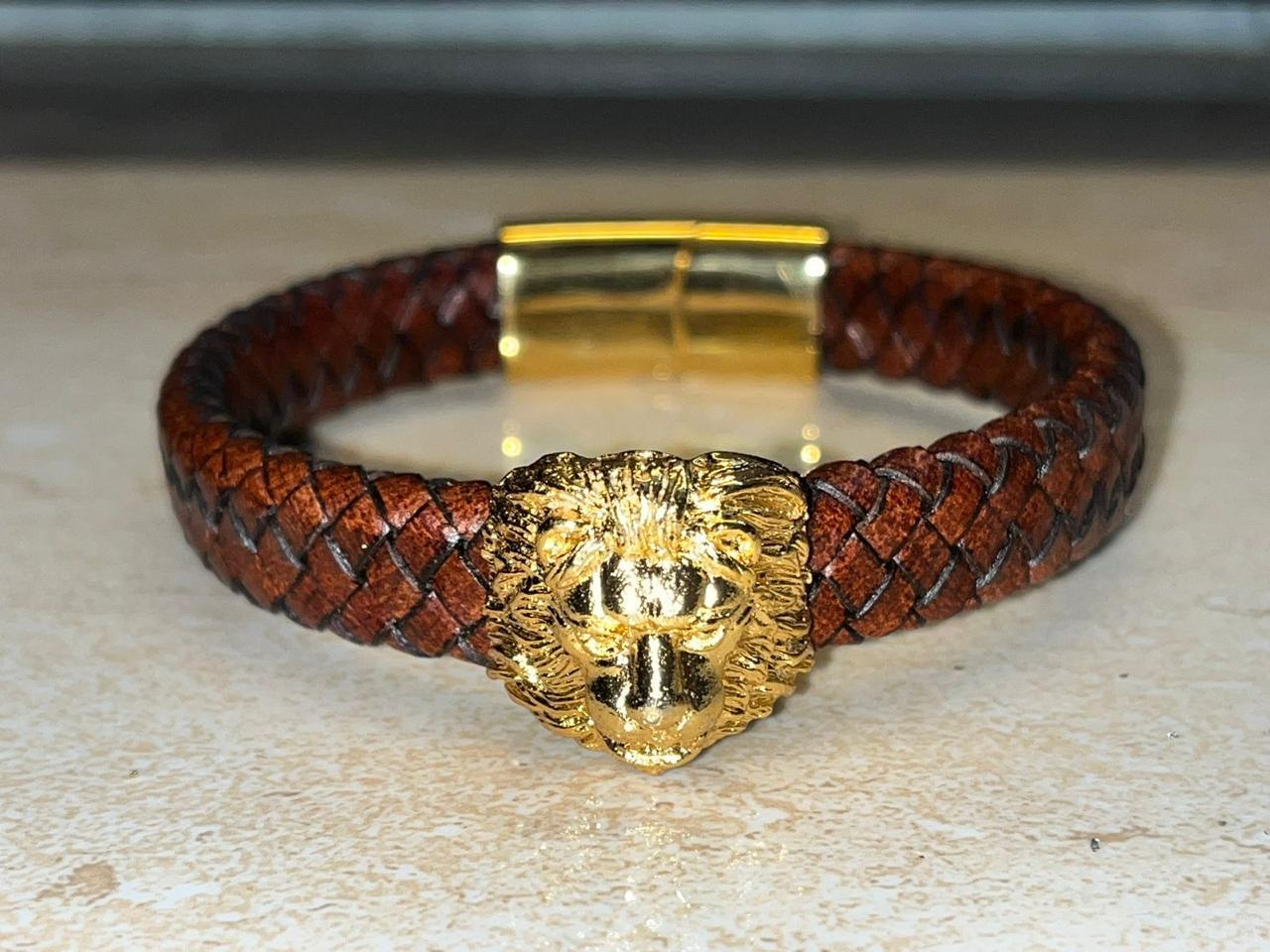 LIONROAR Pure 92.5% Silver 24Kt Gold Plated on Brown German Cord, Bracelet of POWER