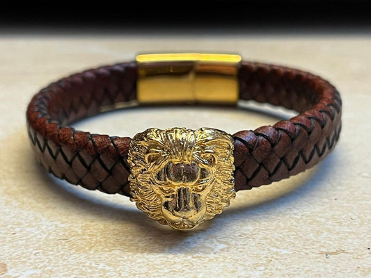 LIONROAR Pure 92.5% Silver 24Kt Gold Plated on Brown German Cord, Bracelet of POWER