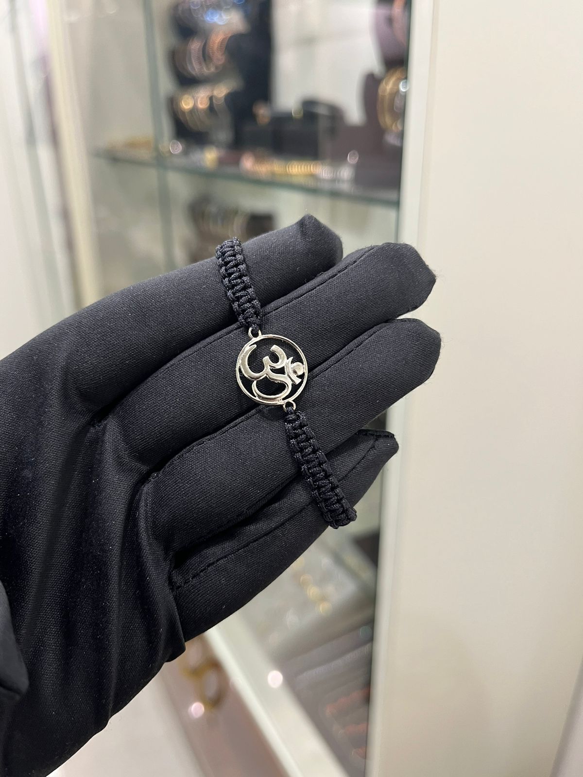 OM Bracelet Wrist Jewel in Black Adjustable Thread ( Pure Silver 925 )