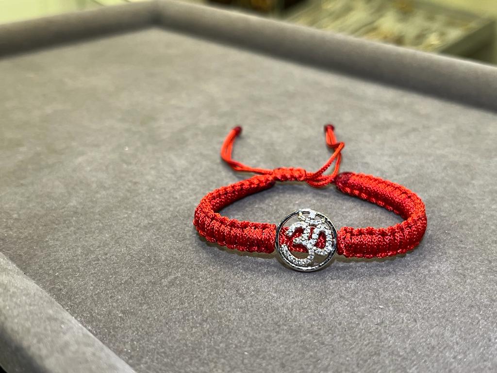 OM CZ Diamond on Red Adjustable Thread 925 Silver