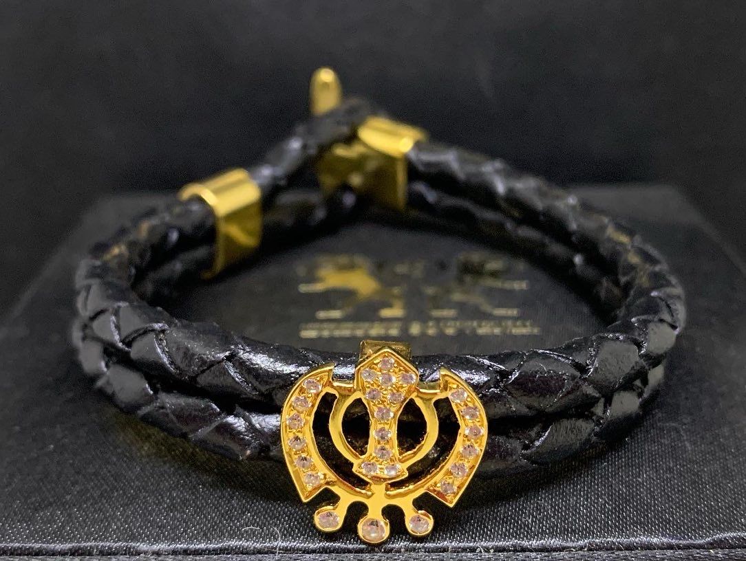 KHANDA PURE SILVER 24Kt Gold Plated CZ DIAMOND ON Black German Dual Cord