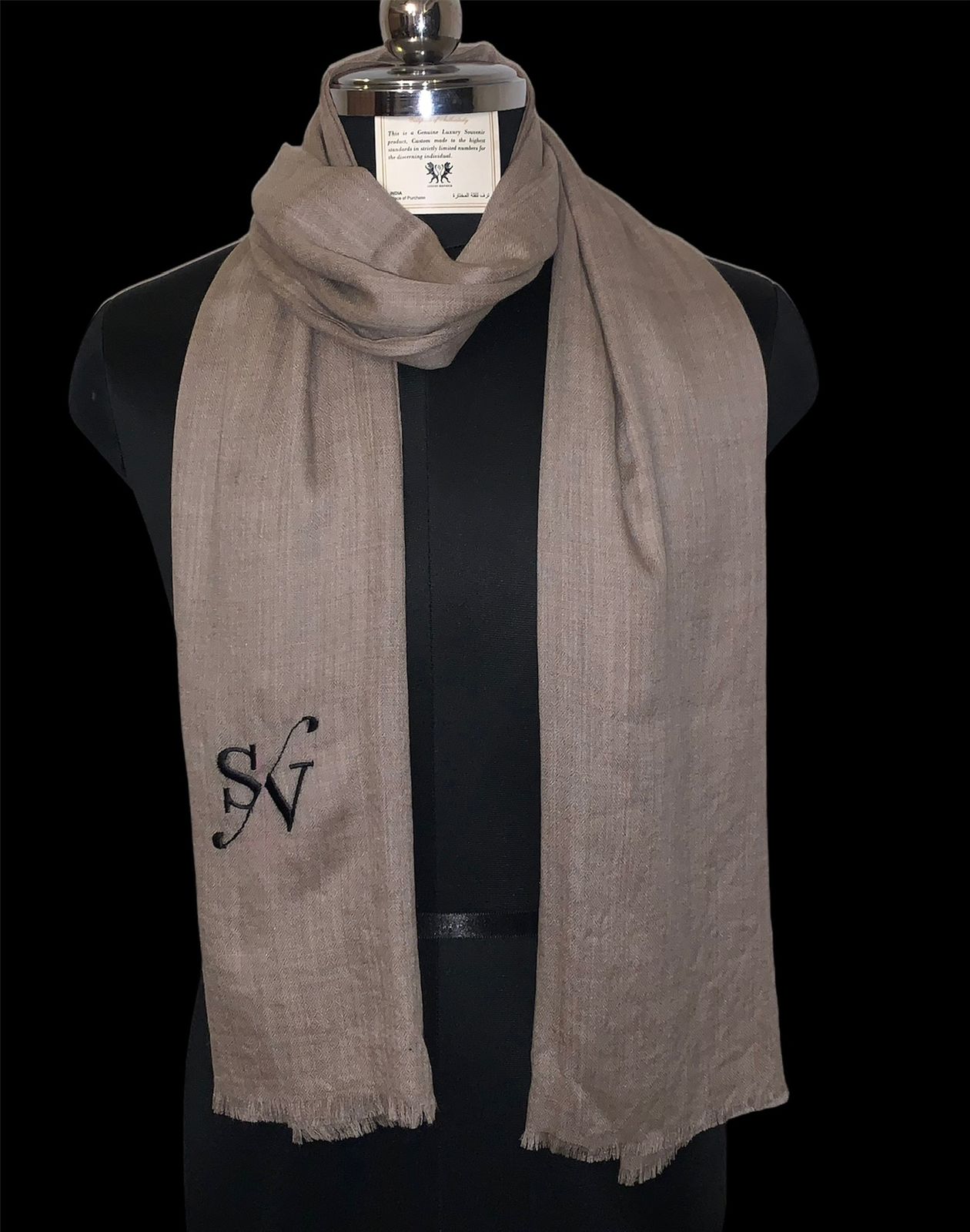 Monogrammed Semi Pashmina Fine Woollen Scarf - Custom Initials Embroidery Handcrafted in Kashmir