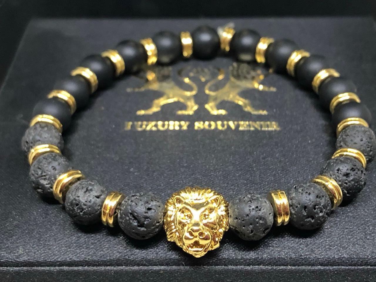 24Kt Gold Plated LIONROAR Bracelet with LAVA STONE EXOTIC & Matte Beads & Gold Rings