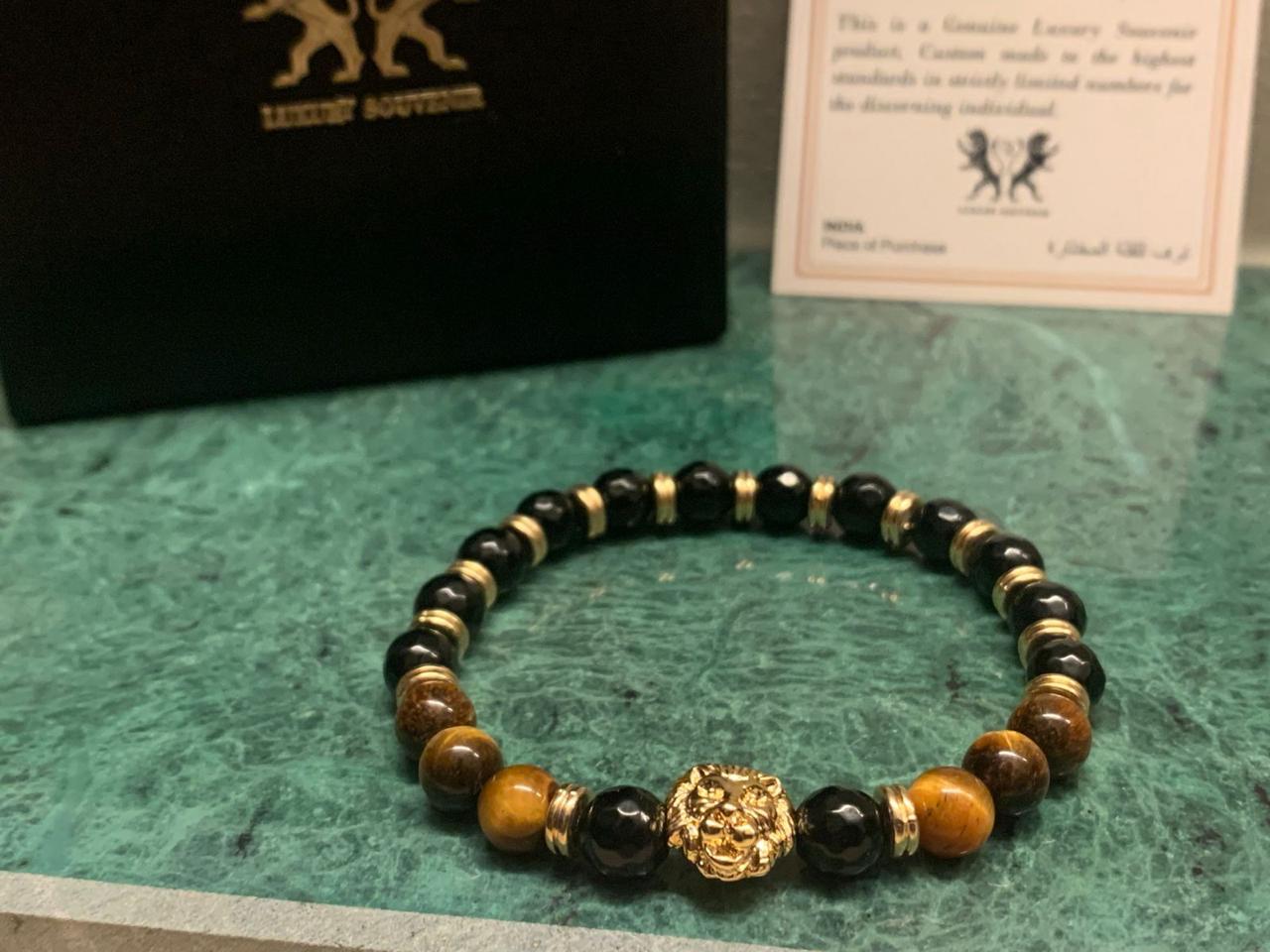 SANJAY DUTT BRACELET - 24Kt Gold Plated LIONROAR Bracelet with TIGER STONE EXOTIC Beads & Gold Rings