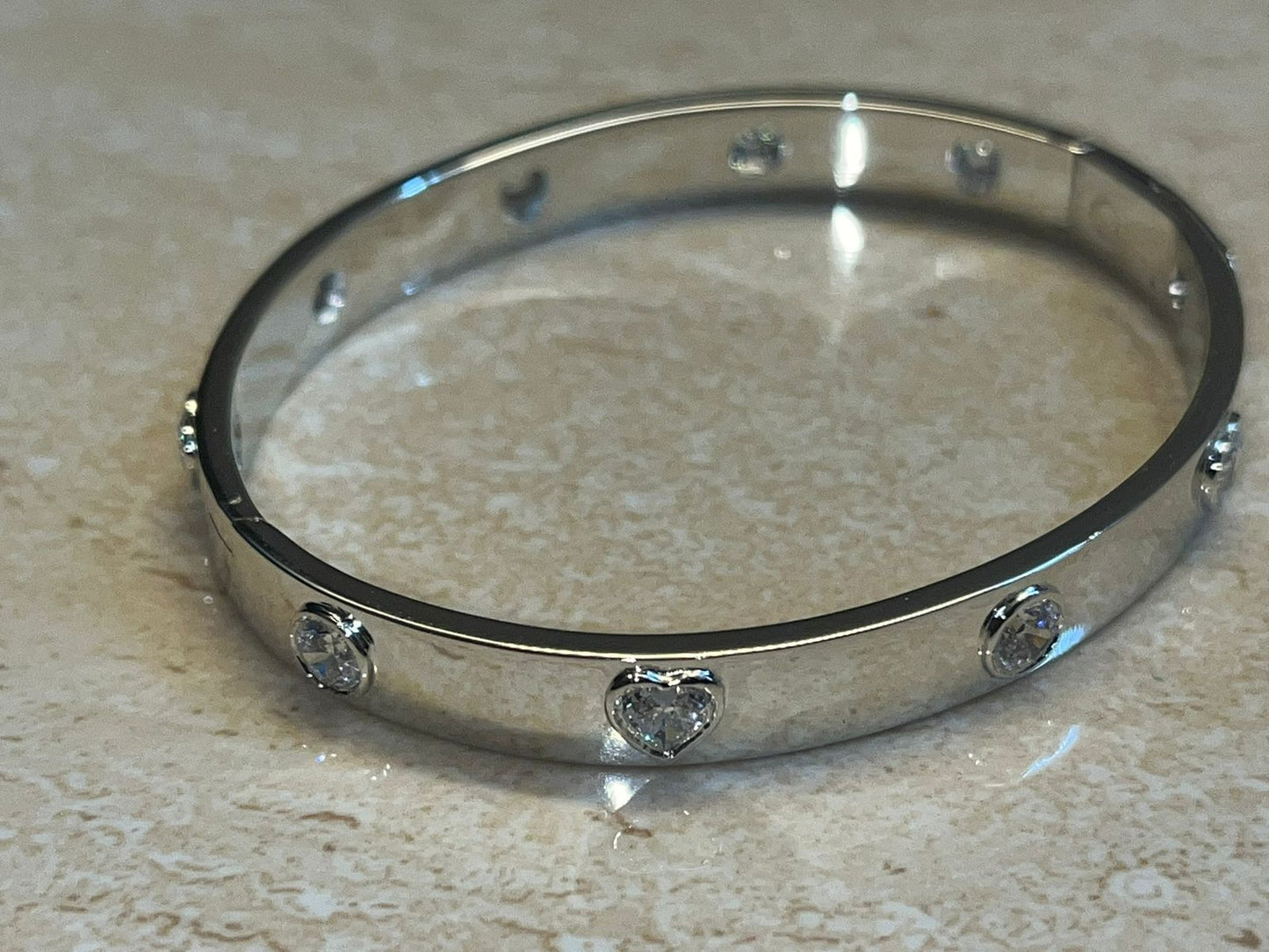 LOVE BRACELET Pure Silver Oval Cuff with Alternate Heart & Round Diamond ( Openable )