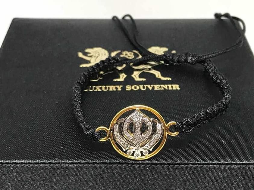 Khanda Diamond Jewel in Black Adjustable Thread ( Pure Silver , Gold Plated AD )
