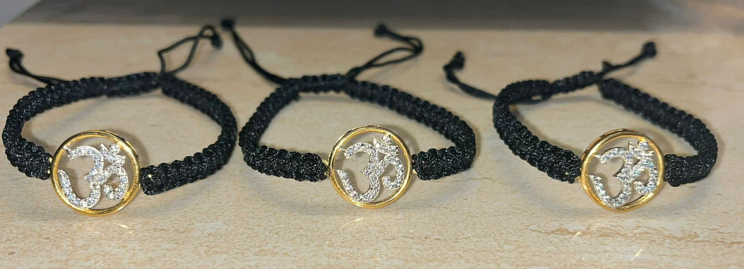 OM Diamond Jewel in Black Adjustable Thread ( Pure Silver, Gold Plated AD )