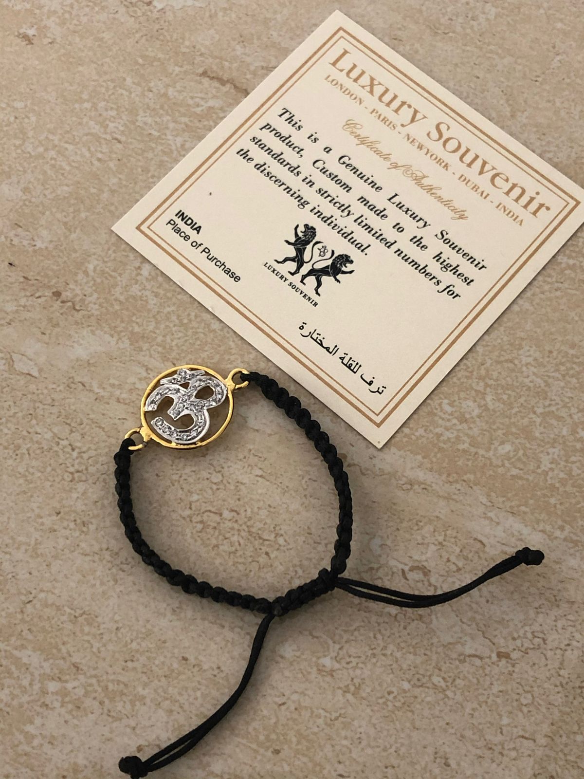 OM Diamond Jewel in Black Adjustable Thread ( Pure Silver, Gold Plated AD )