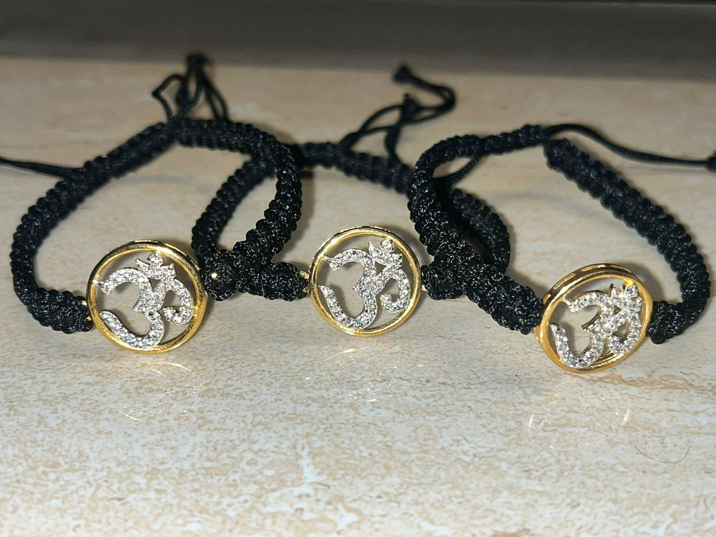 OM Diamond Jewel in Black Adjustable Thread ( Pure Silver, Gold Plated AD )