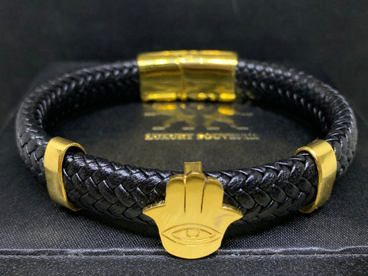 Hand of Hamsa Bracelet with loops 24Kt Gold Plated on black German cord