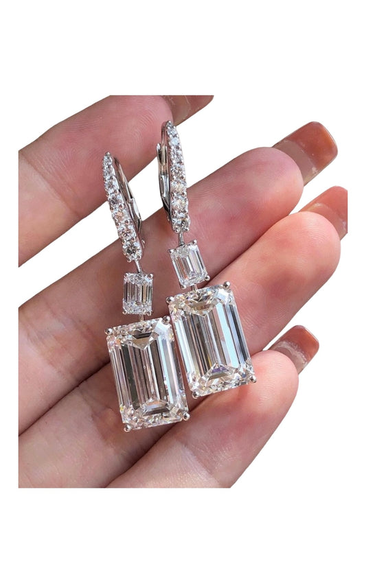 10-10 Carat Each Ear Emerald Diamond Drops with additional 2 Carat Diamonds on Each side Crafted in 14Kt White Gold