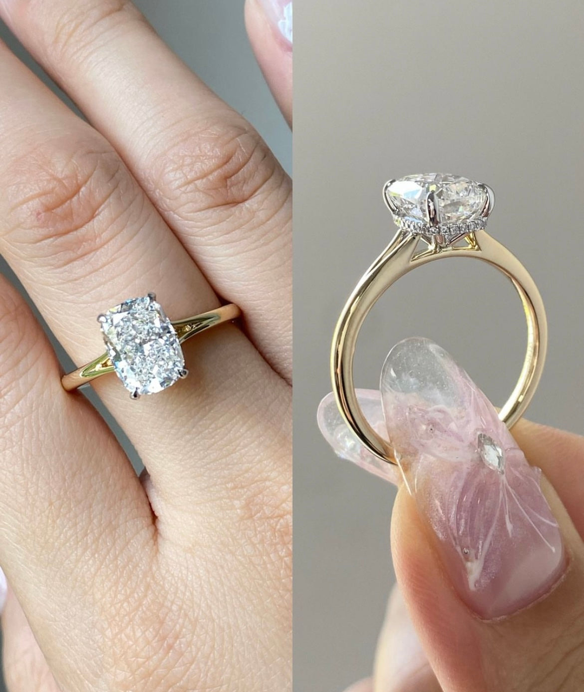 Elongated Cushion 3 Carat Lab Grown Diamond Ring on 14Kt Gold