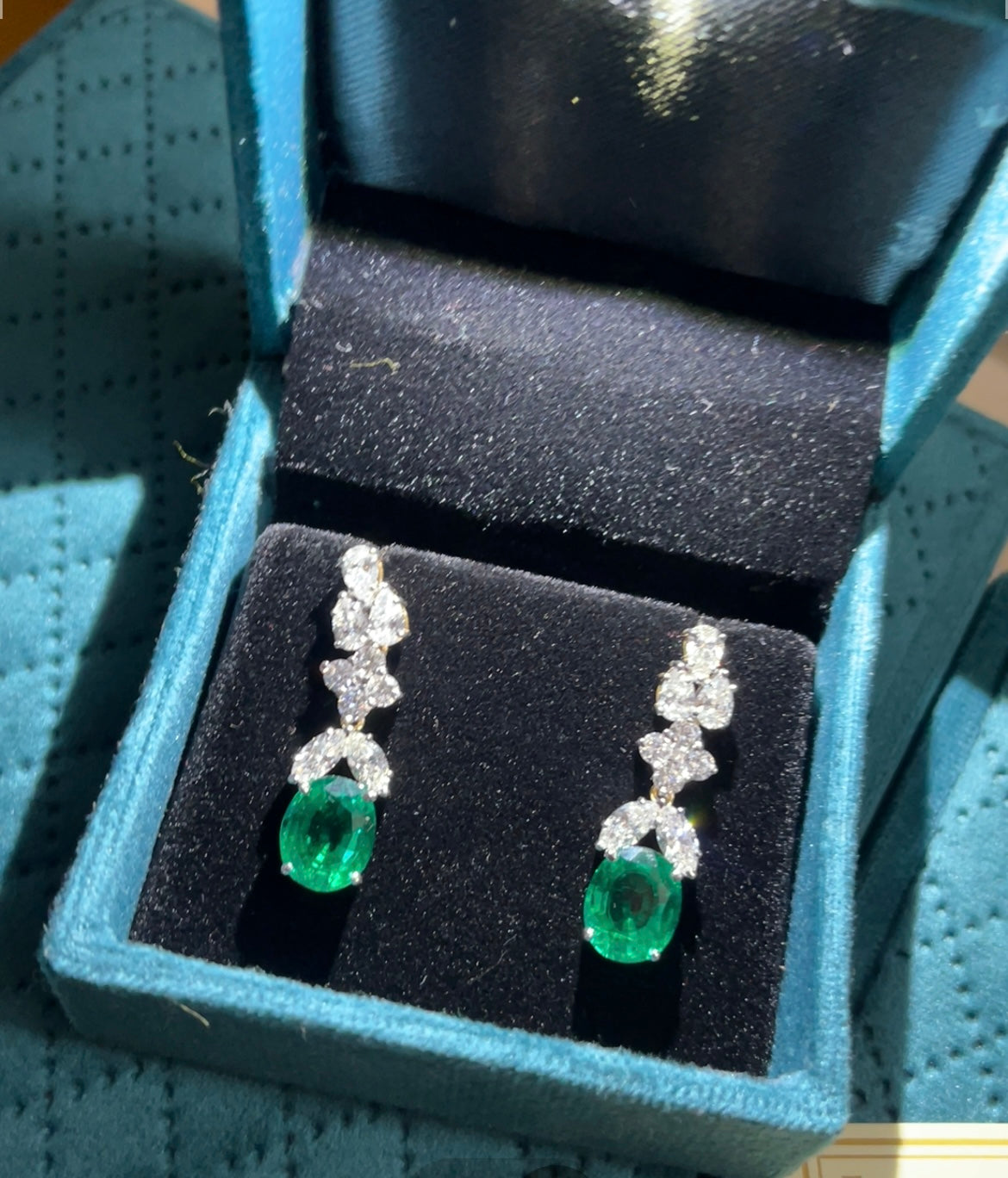 Exotic Lab Grown Diamonds & Emerald Earings - 4 Carat Diamond on Each, 4-4 Carat Emeralds 18Kt Hallmarked Gold Base