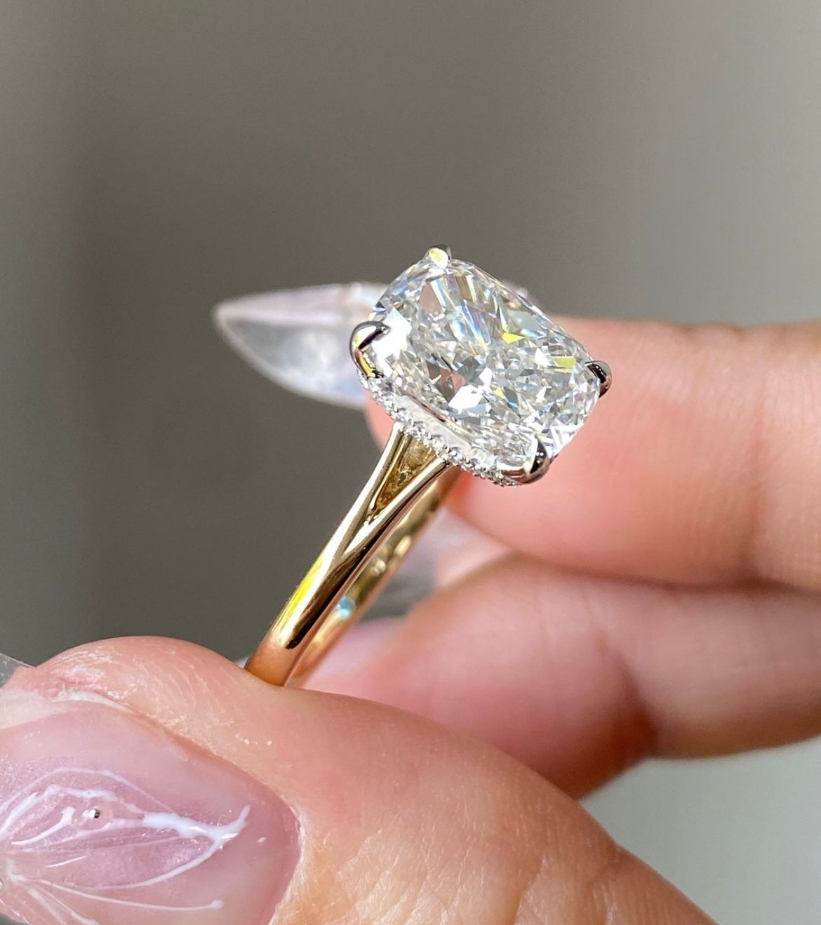Elongated Cushion 3 Carat Lab Grown Diamond Ring on 14Kt Gold