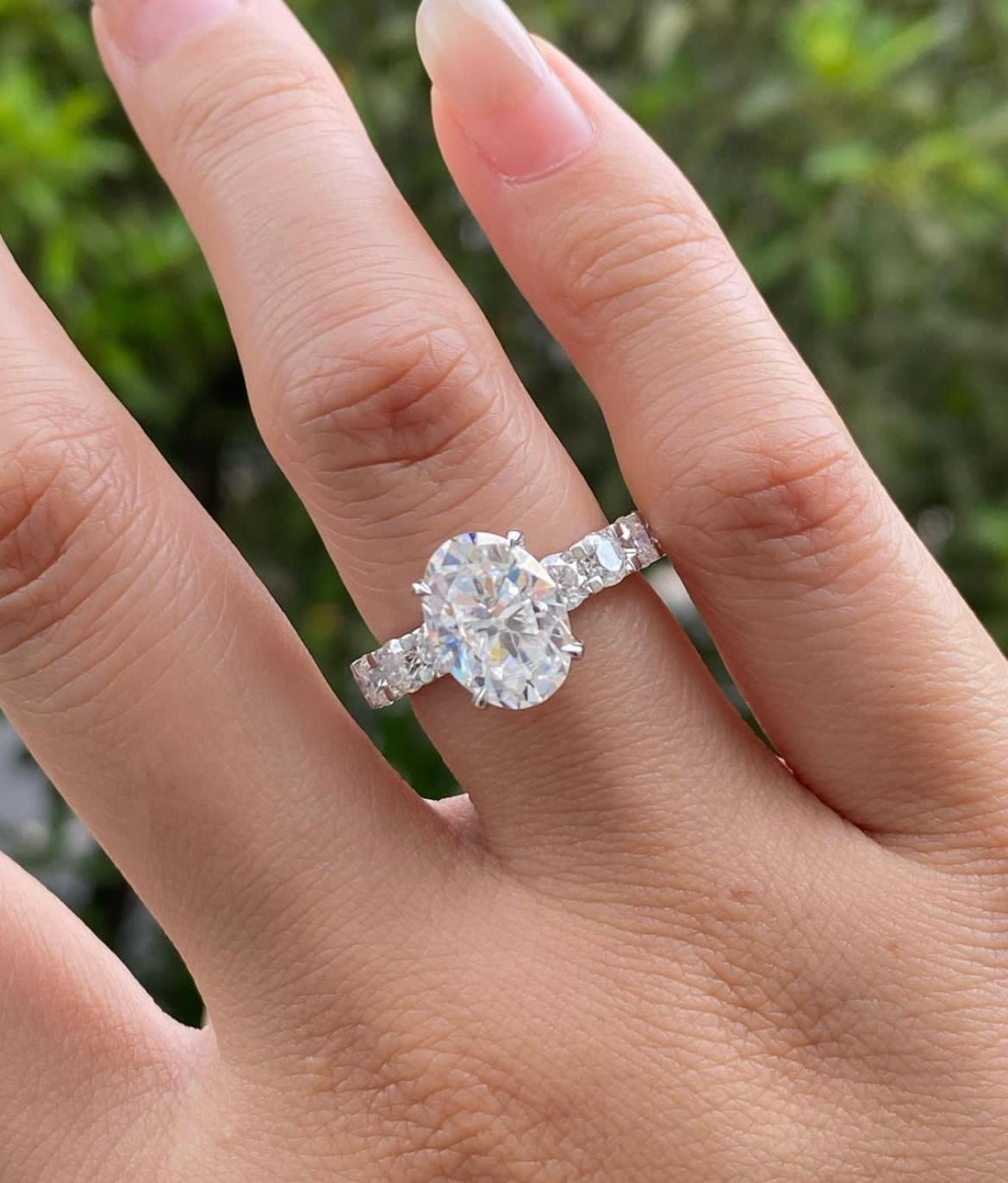 3 Carat Oval Diamond with 20 Cent Band on 14Kt White Gold Base Ring , Lab Grown Diamond
