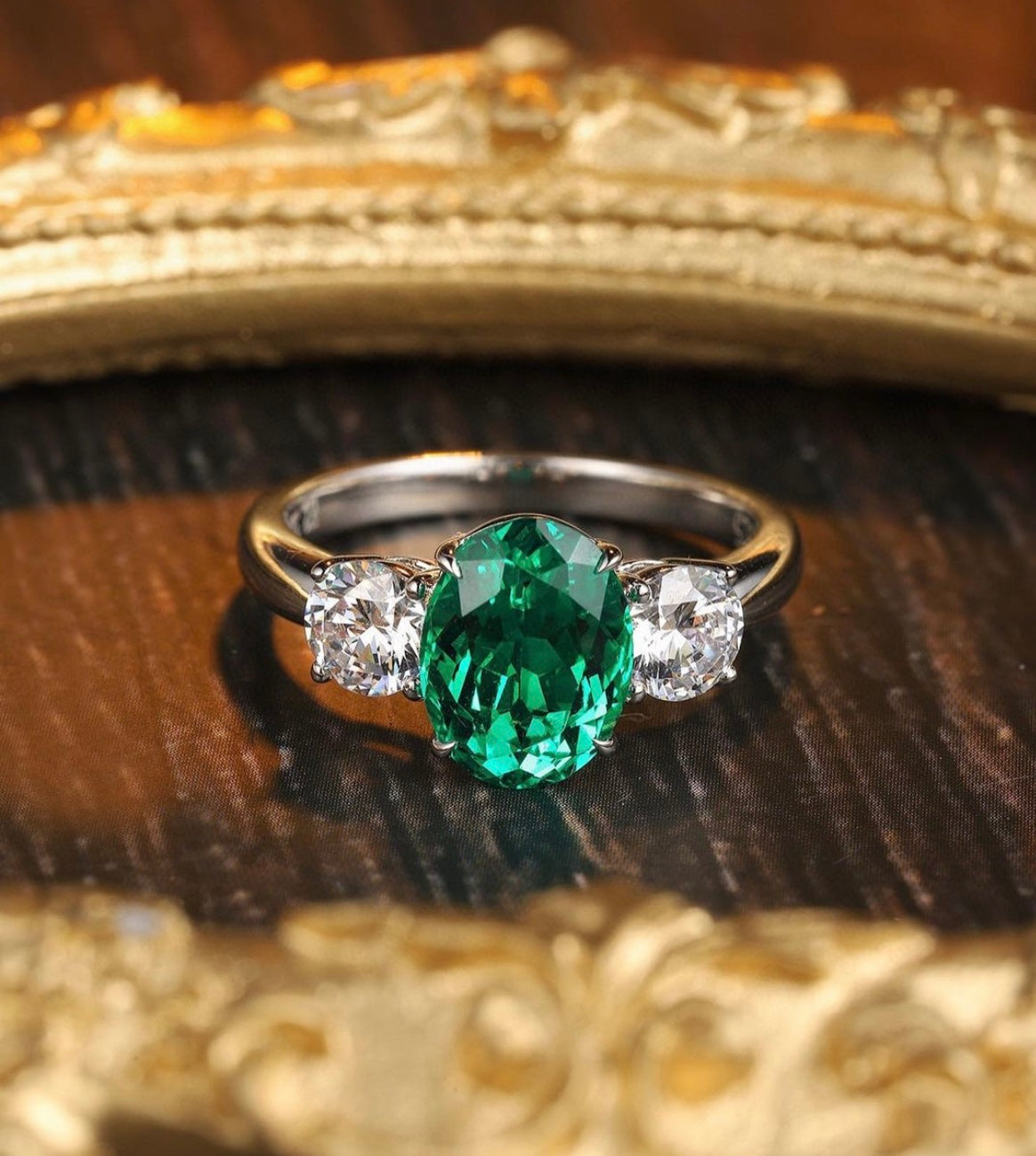 3 Carat Coloured Lab Grown Emerald with two 70 Cent Round Lab Grown Diamonds on Sides on 14Kt Hallmarked Gold