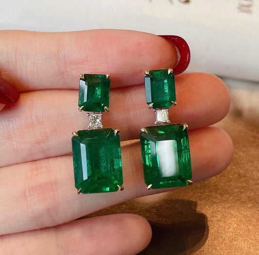 Lab Grown Emerald Earings with 3 Carat on Top 6 Carat Below and 50 cent diamond lab grown on center in 14Kt Gold