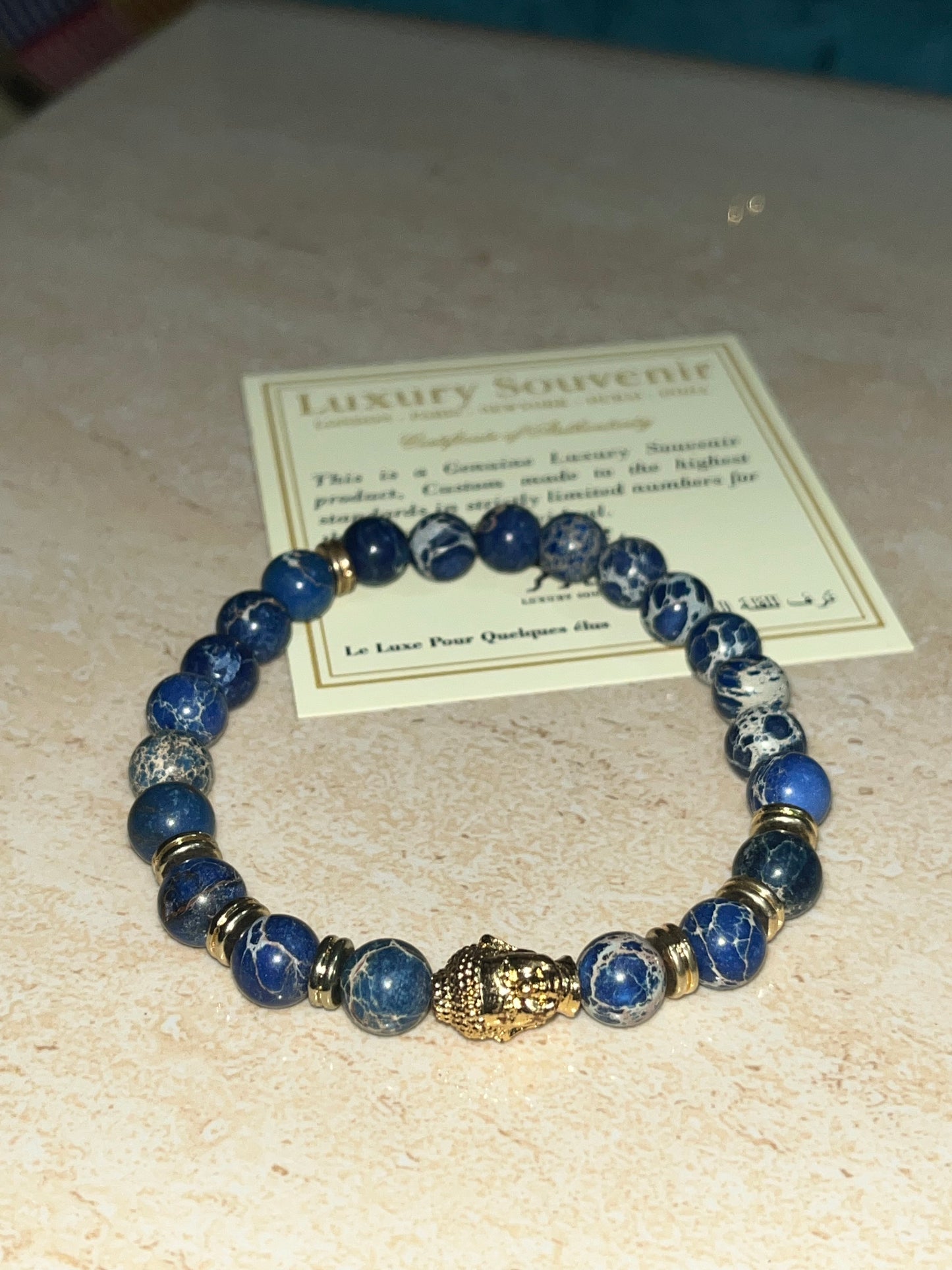 Buddha Bracelet 24Kt Gold Plated with Blue Sediment Jasper Beads EXCLUSIVE