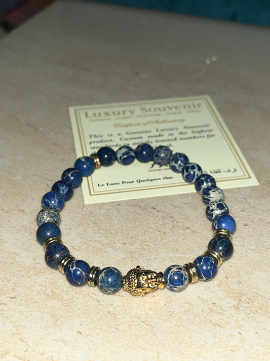 Buddha Bracelet 24Kt Gold Plated with Blue Sediment Jasper Beads EXCLUSIVE