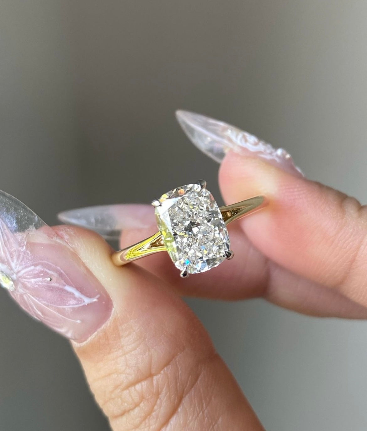 Elongated Cushion 3 Carat Lab Grown Diamond Ring on 14Kt Gold
