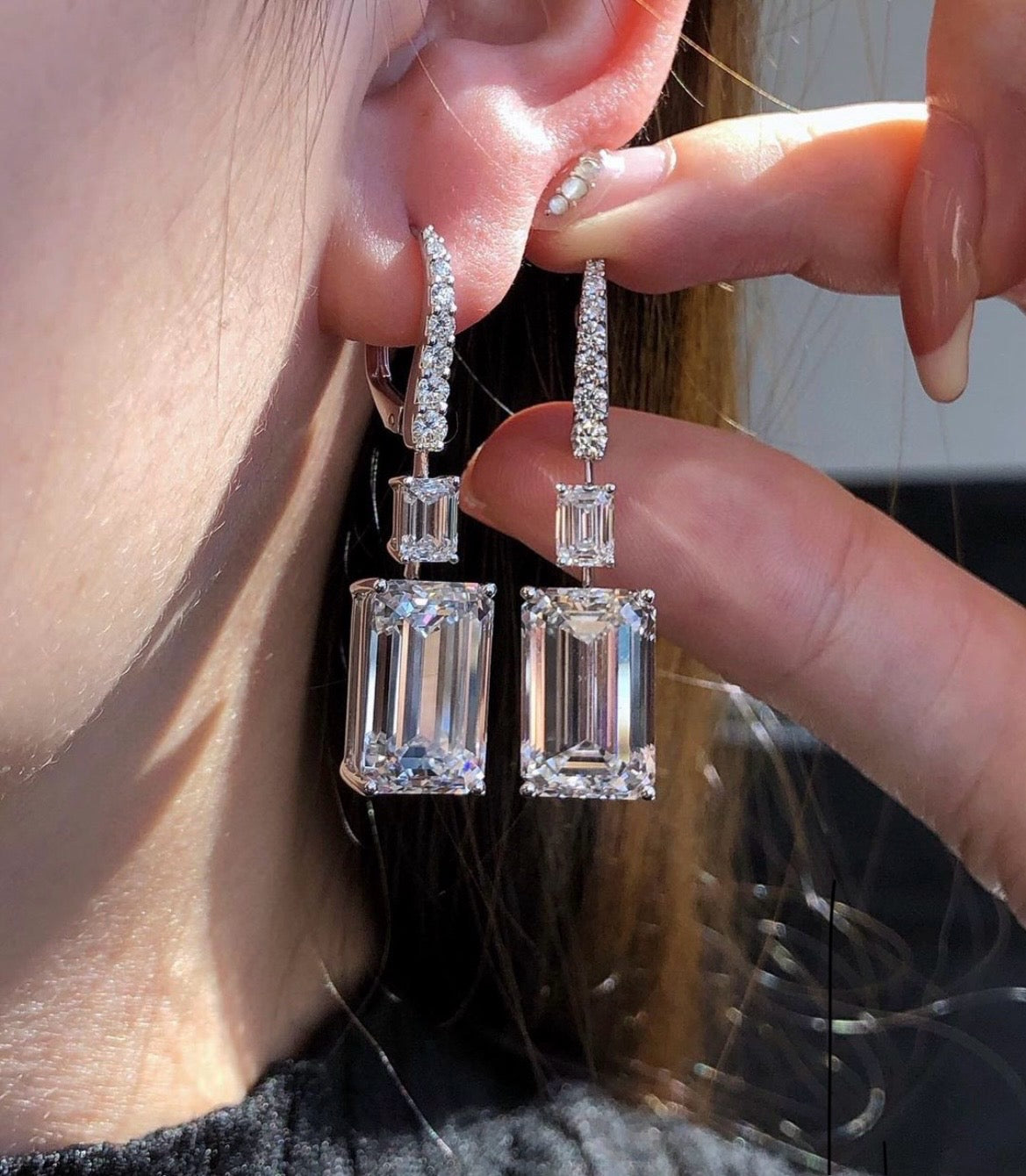 10-10 Carat Each Ear Emerald Diamond Drops with additional 2 Carat Diamonds on Each side Crafted in 14Kt White Gold