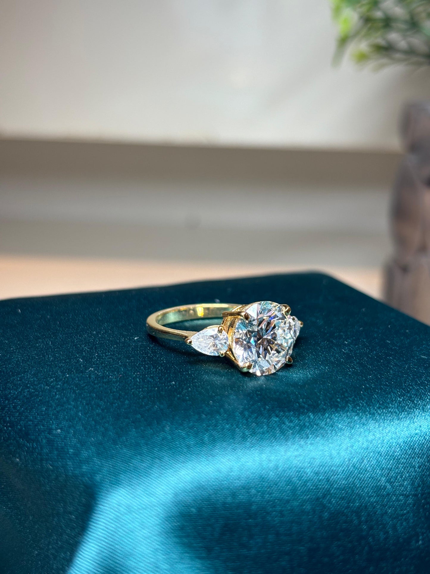 5 Carat Lab Grown Diamond with 50 Cent Each Pear on Sides on 18Kt Hallmarked Gold