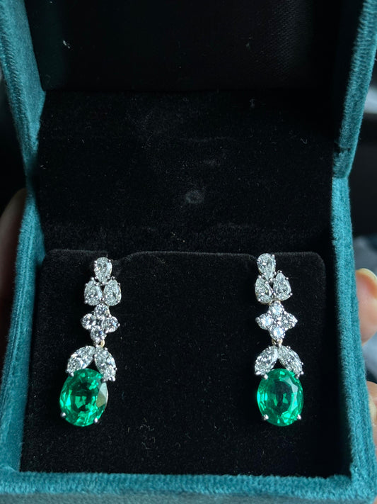 Exotic Lab Grown Diamonds & Emerald Earings - 4 Carat Diamond on Each, 4-4 Carat Emeralds 18Kt Hallmarked Gold Base