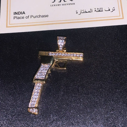 Pistol Pendant DRIP Pure Silver 92.5 GOLD PLATED Silver CZ Diamond