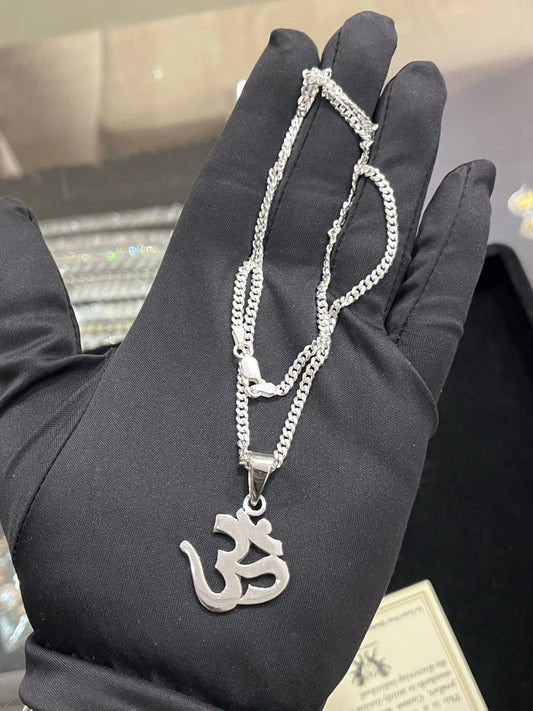OM PENDANT WITH CUBAN CHAIN , PURE SILVER 92.5 CLASSIC