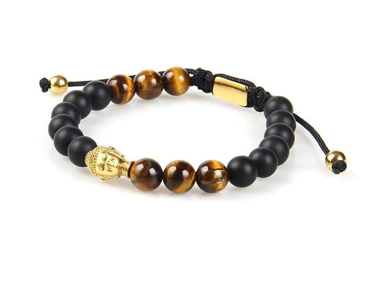 Buddha 24Kt Gold Plated in combination with Tiger Stone Beads and Black Matte Beads