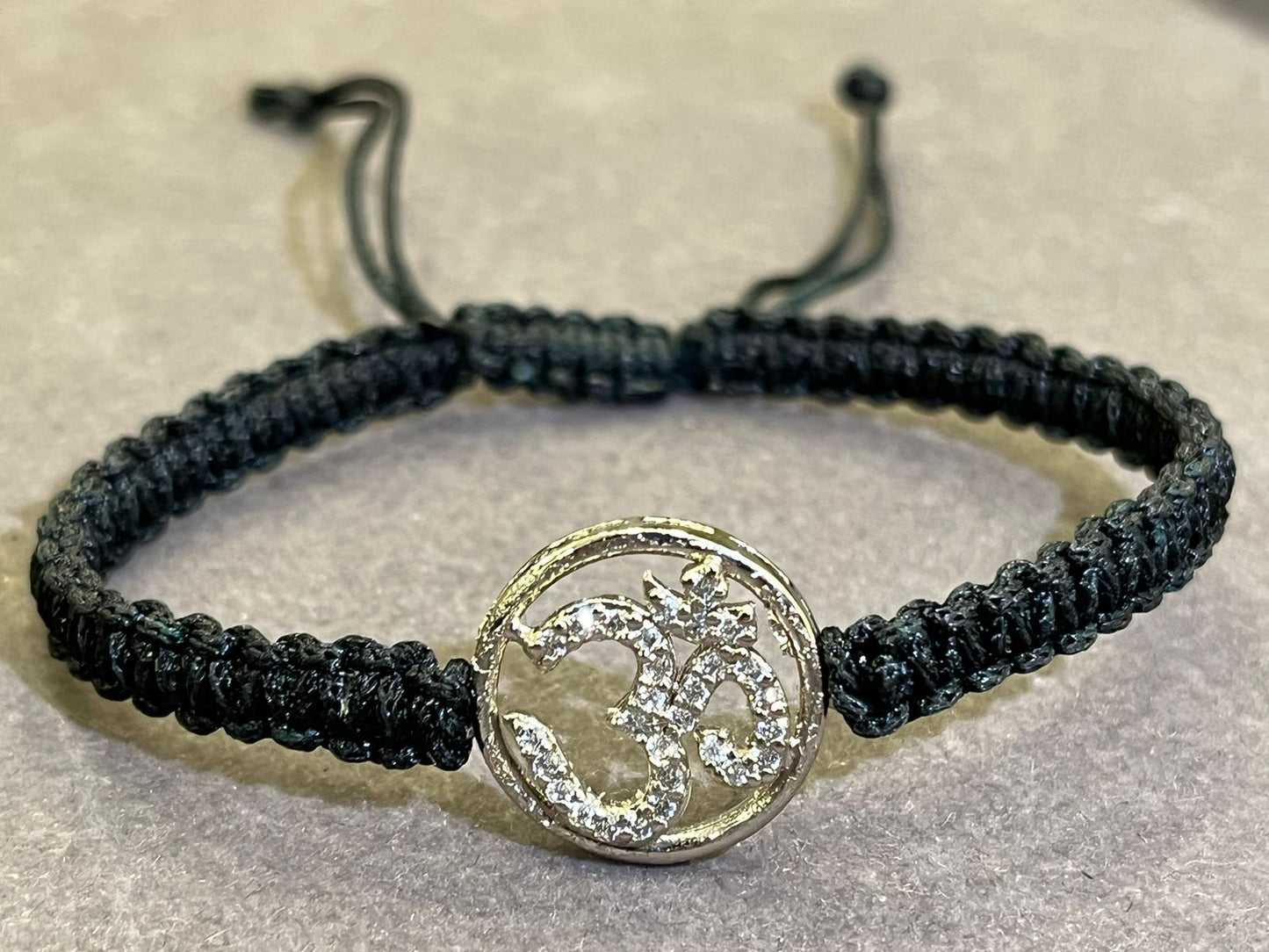 OM CZ Diamond on Black Adjustable Thread 925 Silver