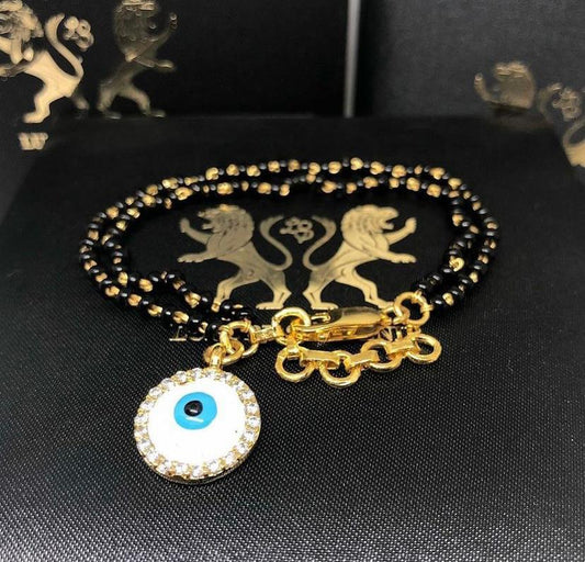 EVIL EYE Round Tag Nazaria Hand Mangalsutra Jewel 925 Silver 24Kt Gold Plated CZ Diamond