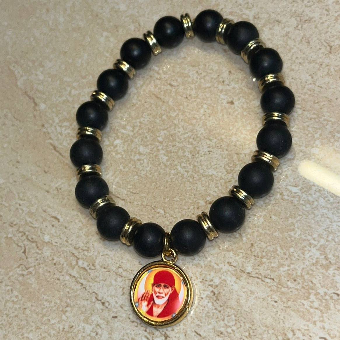 SAI BABA Bracelet ( Pure Silver , Gold Plated ) Black Matte Beads